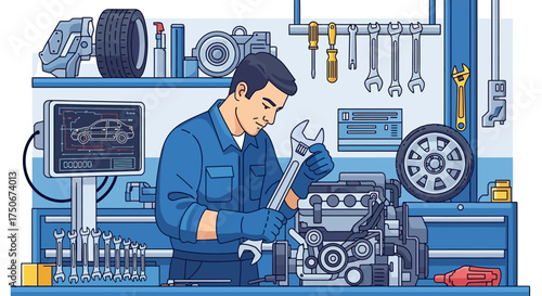 Diligent mechanic meticulously repairing engine in a well-equipped automotive workshop
