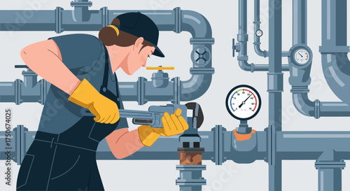 Professional female plumber repairing pipe system using wrench in maintenance