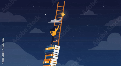 Woman climbing ladder atop books, reaching for star against starry night sky
