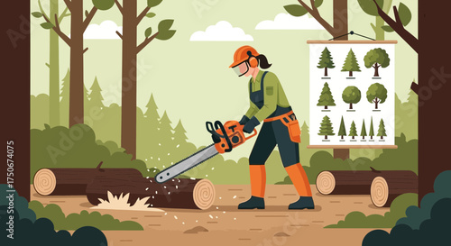Forest worker sawing wood logs with chainsaw in wooded landscape illustration
