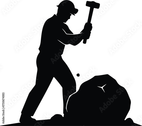 Vector silhouette construction worker hammering rock illustration