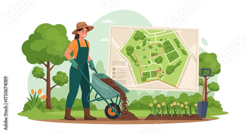 Dedicated gardener enhancing landscape with soil and blueprint in a blossoming garden