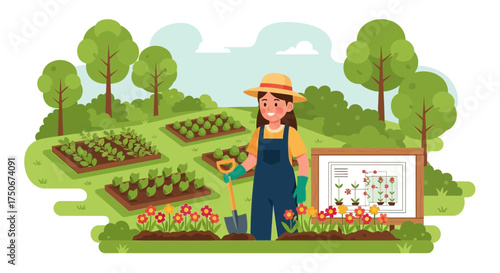 A cartoon illustration of a woman tending to a vibrant vegetable garden plot