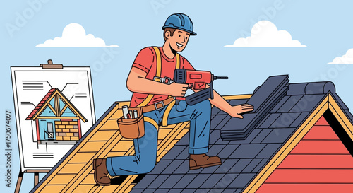 Roofer laying shingles with nail gun in cartoon style illustration concept