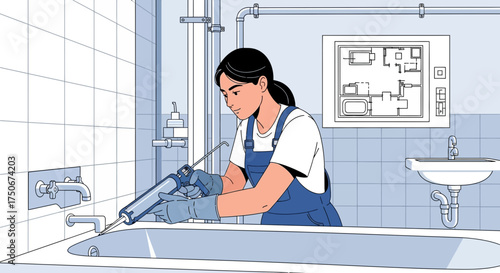 Bathroom renovation, worker using sealant gun to caulk bathtub edge for waterproofing