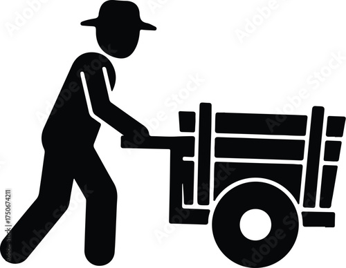 Vector silhouette farmer pushing wooden cart icon illustration