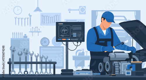 Automotive technician performing diagnostics and repair in a modern garage