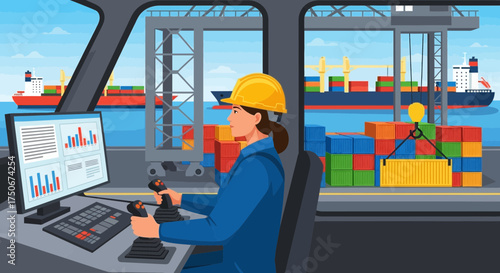 Female operator in a port control room managing shipping containers with data monitoring