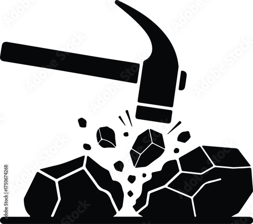 Vector silhouette hammer breaking rock mineral into pieces illustration