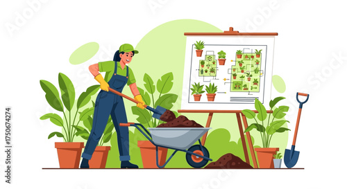 Woman Using a Shovel for Gardening with Plants and Wheelbarrow Illustration