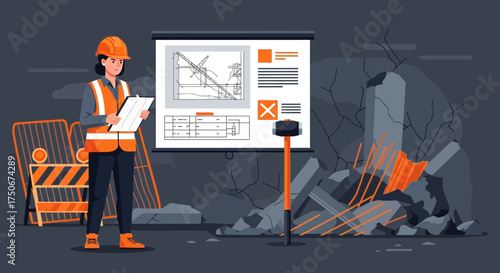 Female engineer inspecting demolition site plans with barriers and rubble scenery