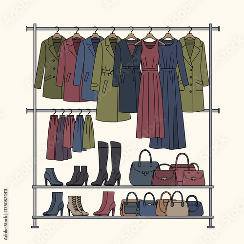 Illustrated Fashion Wardrobe Display: Coats, Dresses, Skirts, Shoes, and Handbags on a Retail Rack