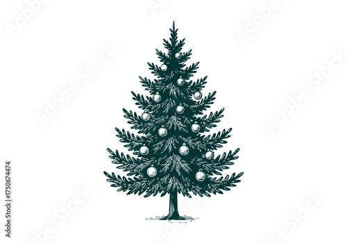 Christmas Tree hand drawn simple engraved vector illustration