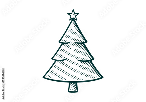Christmas Tree hand drawn simple engraved vector illustration