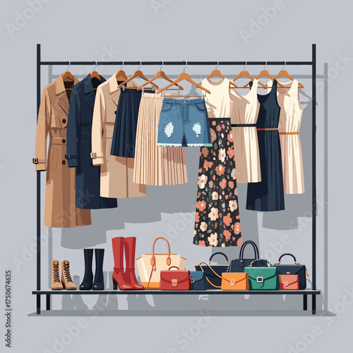 Modern fashion clothing rack display with diverse women's garments, coats, dresses, skirts, shorts, boots, and handbags in a clean illustration.