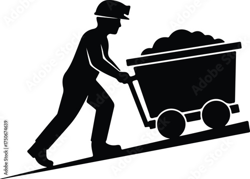 Vector silhouette of a miner pushing cart illustration