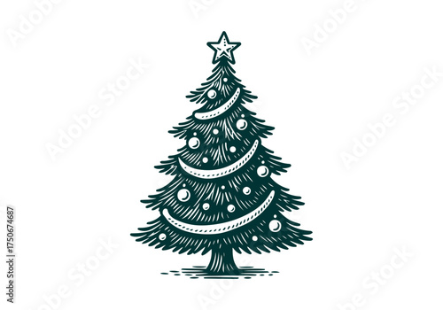 Christmas Tree hand drawn simple engraved vector illustration