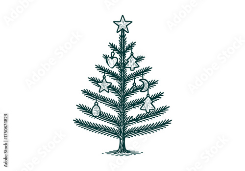 Christmas Tree hand drawn simple engraved vector illustration