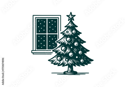 Christmas Tree hand drawn simple engraved vector illustration