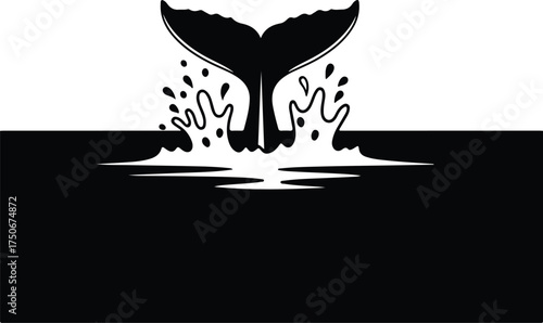 Vector silhouette of whale tail in the ocean illustration