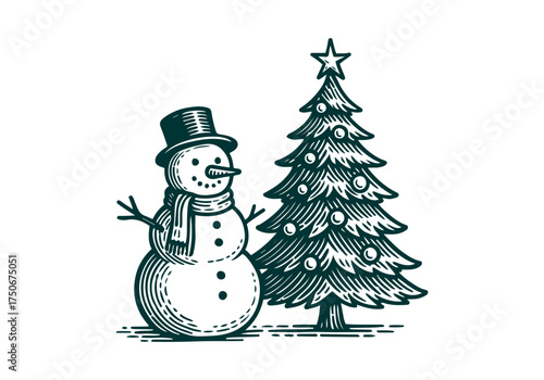 Christmas Tree hand drawn simple engraved vector illustration