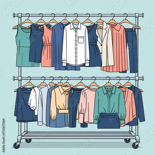 Vector illustration of diverse women's fashion apparel on a double clothing rack with hangers, showcasing a retail collection.