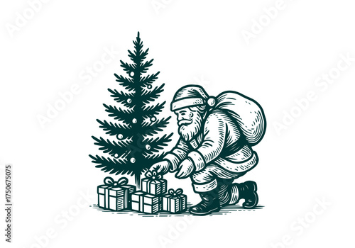 Christmas Tree hand drawn simple engraved vector illustration