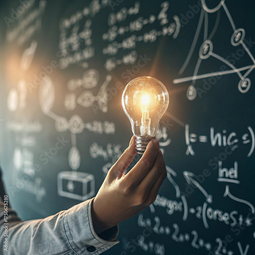 Hand Holding Glowing Lightbulb Against Scientific Formulas on Blackboard

