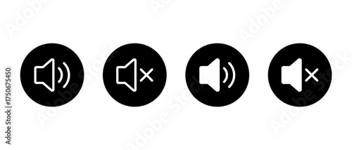 Volume and mute icon set. Speaker sound control symbol in black circle