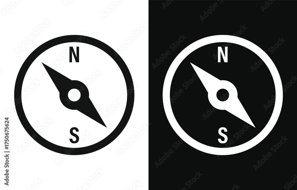 Obraz premium Two contrasting compass icons one white on black background and one black on white background symbolizing direction