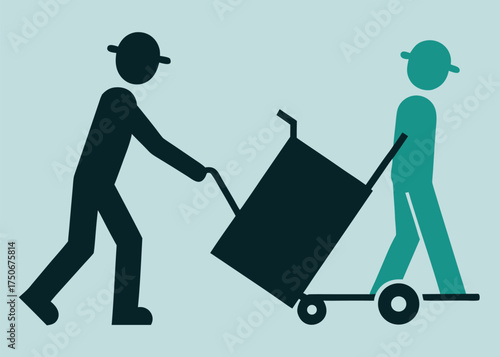 Two stylized figures working together to move a large object on a trolley