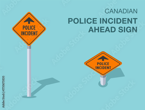 Traffic regulation rules. Isolated canadian "police incident ahead" road sign. Front and top view. Flat vector illustration template.
