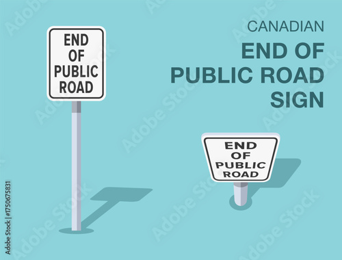 Traffic regulation rules. Isolated canadian "end of public road" road sign. Front and top view. Flat vector illustration template.