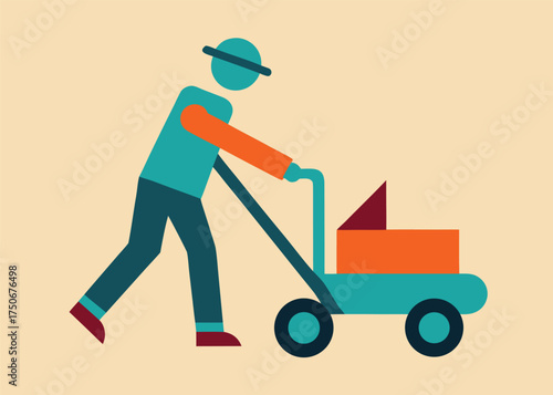 Stylized flat design illustration of a person pushing a baby stroller with a child inside