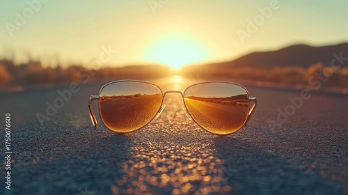 Wallpaper Mural Sunglasses on road at sunset; reflecting golden light; travel photography Torontodigital.ca