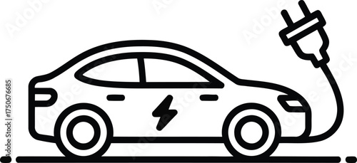 Electric car icon with charging plug and lightning bolt