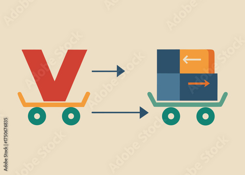 Conceptual illustration of a large red letter v being transported on a cart to a delivery truck with boxes