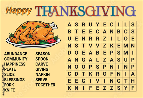 Thanksgiving Word Search Puzzle for Kids - Printable Holiday Activity Vector Illustration. Holiday festive crossword. Logic game for learning English words.