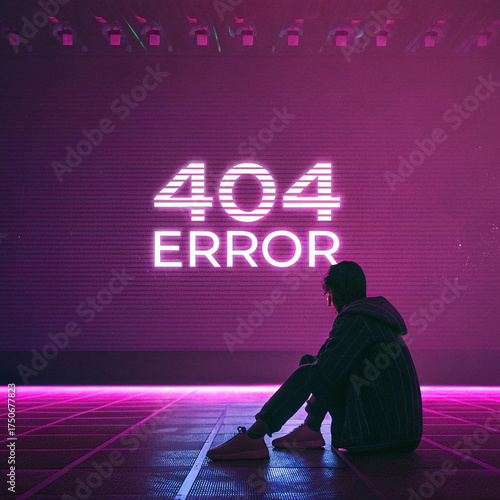 Man Sitting in Neon Room Facing Giant 404 Error Screen

