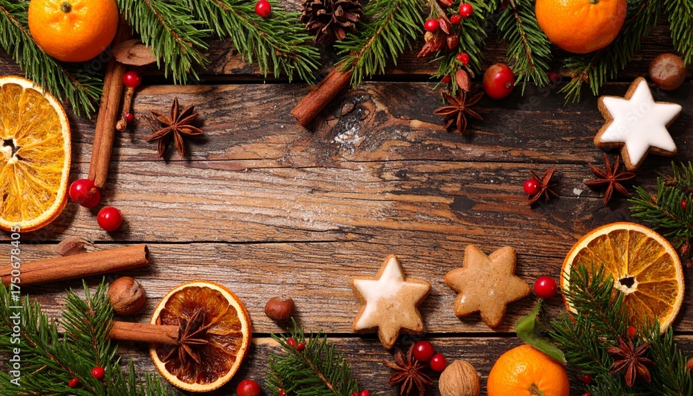 Fototapeta premium christmas decoration on wooden background with spices, orange, biscuit