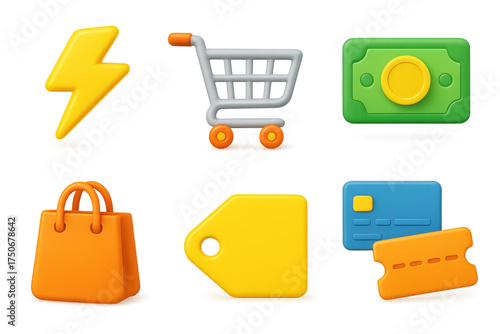 Colorful 3d shopping icons set with cart, tag, and credit card illustrations