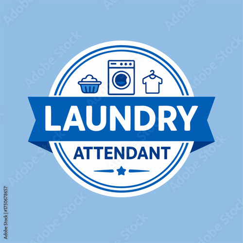 Laundry Attendant Round Emblem with Washing Icons Blue and White Clean Service Badge Design