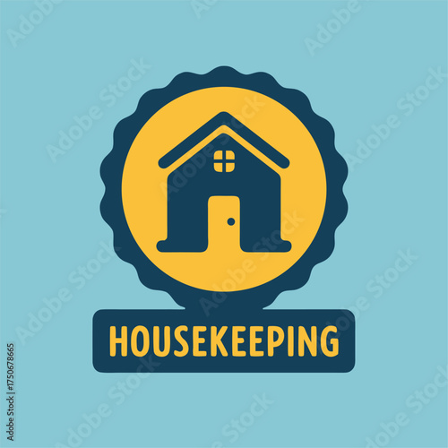 Housekeeping Emblem with House Silhouette in Rounded Seal on Soft Blue Field Clean Graphic Style