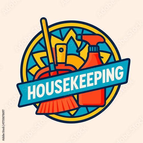 Housekeeping Service Emblem with Broom Bucket and Spray Bottle in Bold Round Badge with Retro Colors