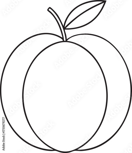 Simple line drawing of peach fruit with stem and leaf perfect for coloring books and educational art design projects