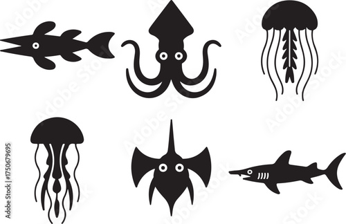 Marine life icons cute stylized sea creatures silhouette collection