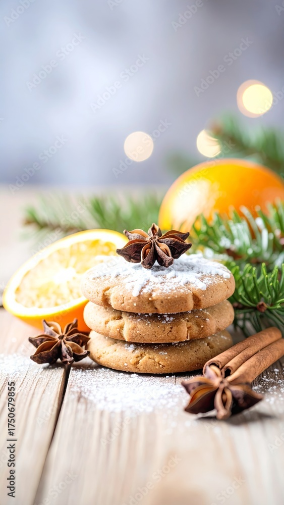 Fototapeta premium christmas decoration on wooden background with spices, orange, biscuit