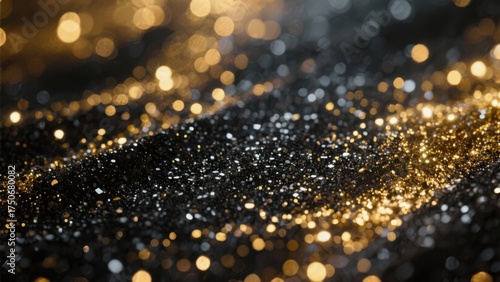 Sparkling black and gold glitter background with bokeh effect.