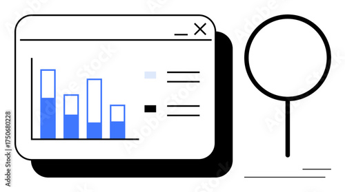 Bar graph inside a computer window, black magnifying glass focusing on details. Ideal for analytics, research, statistics, data insights, business decisions, study education. Simple flat metaphor