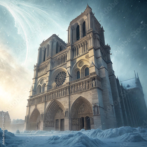 Notre-Dame Cathedral in Winter Snow Under Celestial Ringed Planet

